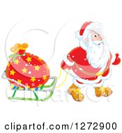 Poster, Art Print Of Santa Pulling A Sack On A Sled On Christmas Eve