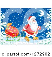 Poster, Art Print Of Santa Claus Pulling A Sack On A Sled Through The Snow On Christmas Eve