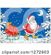 Poster, Art Print Of Santa Pulling A Sack On A Sled Through The Snow On Christmas Eve