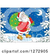 Clipart Of Santa Carrying A Sack Through The Snow On Christmas Eve Royalty Free Vector Illustration