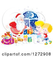 Clipart Of A Santa Giving Gifts To Children On Christmas Eve Royalty Free Vector Illustration