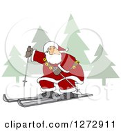 Santa Skiing Through A Christmas Winter Landscape