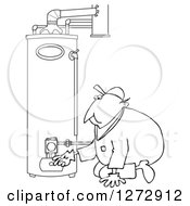 Black And White Worker Man Kneeling And Checking A Water Heater