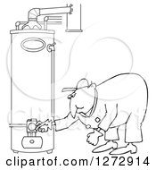 Clipart Of A Black And White Worker Man Bending Over And Checking A Water Heater Royalty Free Vector Illustration