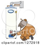 Black Worker Man Kneeling And Checking A Water Heater