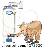 Clipart Of A White Worker Man Bending Over And Checking A Water Heater Royalty Free Vector Illustration