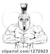 Clipart Of A Black And White Tough Muscular Spartan Warrior Man Gesturing Bring It With His Fists Royalty Free Vector Illustration