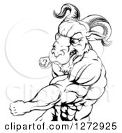 Clipart Of A Black And White Mad Muscular Ram Man Punching Royalty Free Vector Illustration