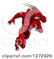 Poster, Art Print Of Muscular Aggressive Red Dragon Man Mascot Running Upright