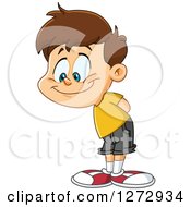 Clipart Of A Happy Brunette Caucasian Boy Looking Down Royalty Free Vector Illustration