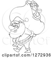 Poster, Art Print Of Black And White Line Art Santa Claus Carrying A Christmas Sack On His Back