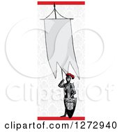 Clipart Of A Knight Holding An Announcement Banner Over Vintage Damask And Red Royalty Free Vector Illustration by BestVector