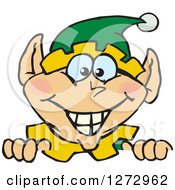 Poster, Art Print Of Happy Male Christmas Elf Peeking Over A Sign
