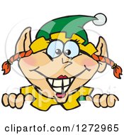 Poster, Art Print Of Happy Female Christmas Elf Peeking Over A Sign