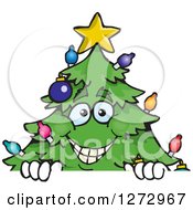 Poster, Art Print Of Happy Christmas Tree Peeking Over A Sign