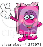 Clipart Of A Happy Pink Gift Character Gesturing Peace Royalty Free Vector Illustration
