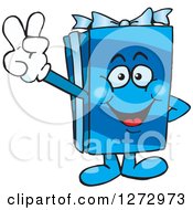 Poster, Art Print Of Happy Blue Gift Character Gesturing Peace