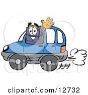 Poster, Art Print Of Suitcase Cartoon Character Driving A Blue Car And Waving