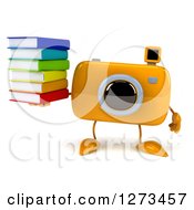 Clipart Of A 3d Camera Character Holding A Stack Of Books Royalty Free Illustration