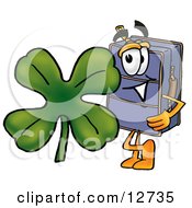 Poster, Art Print Of Suitcase Cartoon Character With A Green Four Leaf Clover On St Paddys Or St Patricks Day
