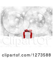 Poster, Art Print Of 3d Christmas Gift In Snow Over Silver Bokeh And Snowflakes