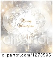 Clipart Of A Merry Christmas Greeting In A Grungy Splatter Over Bokeh And Snowflakes Royalty Free Vector Illustration