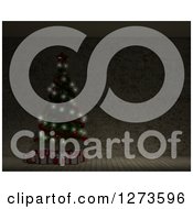 Poster, Art Print Of 3d Christmas Tree With Lights And Gifts In A Dark Empty Room