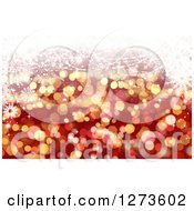 Clipart Of A Red And Gold Christmas Background With Glittery Bokeh Lights And White Snowflakes Royalty Free Illustration