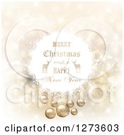 Poster, Art Print Of Merry Christmas And A Happy New Year Greeting With Reindeer In A White Ball Over Gold