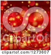 Clipart Of A Red Christmas Bokeh Flare Background With 3d Gifts Royalty Free Vector Illustration