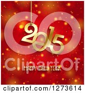 Clipart Of A Gold 2015 Happy New Year Greeting Over Red Snowflakes And Glowing Flares Royalty Free Vector Illustration by KJ Pargeter
