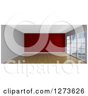 Poster, Art Print Of 3d Empty Room Interior With Floor To Ceiling Windows Wood Floors And A Red Wall