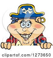 Clipart Of A Happy Red Haired Female Pirate Peeking Over A Sign Royalty Free Vector Illustration