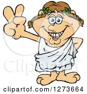 Clipart Of A Happy Greek Woman In A Toga Gesturing Peace Royalty Free Vector Illustration