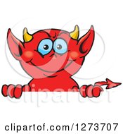 Poster, Art Print Of Happy Blue Eyed Red Devil Peeking Over A Sign