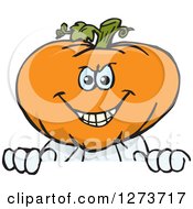 Clipart Of A Happy Jackolantern Peeking Over A Sign Royalty Free Vector Illustration by Dennis Holmes Designs