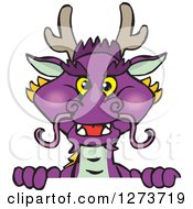 Clipart Of A Purple Dragon Peeking Over A Sign Royalty Free Vector Illustration