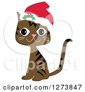 Happy Sitting Brown Christmas Tabby Cat Wearing A Santa Hat