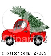 Santa Driving A Fresh Cut Christmas Tree In A Red Pickup Truck