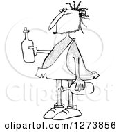 Clipart Of A Black And White Hairy Caveman Holding Wine Bottles Royalty Free Vector Illustration