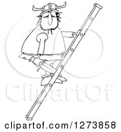 Clipart Of A Black And White Viking Man Holding A Sword And Climbing A Ladder Royalty Free Vector Illustration