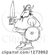 Clipart Of A Black And White Viking Man Holding A Sword And Shield Royalty Free Vector Illustration