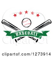 Poster, Art Print Of Baseball And Crossed Bats With Stars And A Green Banner