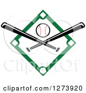 Poster, Art Print Of Green Baseball Diamond With A Ball And Crossed Bats