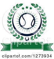 Clipart Of A Tennis Ball And Stars In A Green Wreath Over A Blank Banner Royalty Free Vector Illustration