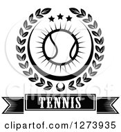 Clipart Of A Black And White Tennis Ball And Stars In A Wreath Over A Banner Royalty Free Vector Illustration