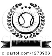 Clipart Of A Black And White Tennis Ball And Stars In A Wreath Over A Blank Banner Royalty Free Vector Illustration