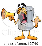Garbage Can Mascot Cartoon Character Screaming Into A Megaphone