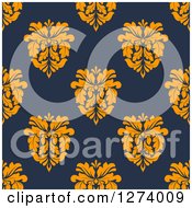 Poster, Art Print Of Seamless Background Pattern Of Orange Damask Floral On Navy Blue