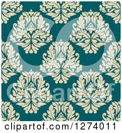 Poster, Art Print Of Seamless Background Pattern Of Tan Damask Floral On Blue